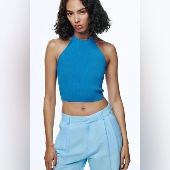 Zara Blue Halter Ribbed Crop Top Size Small - Picture 1 of 5